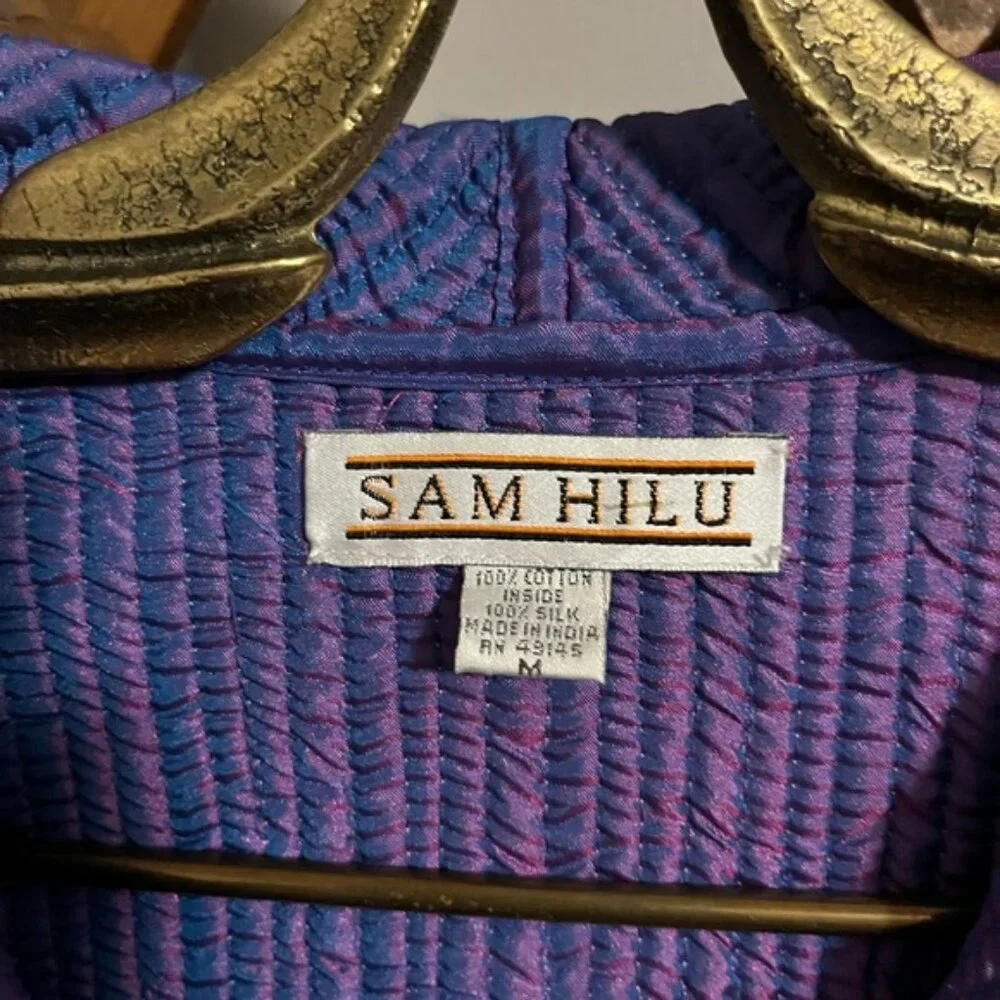 Sam Hilu silk quilted jacket reversible stunning florals fun buttons pockets M - Picture 6 of 8